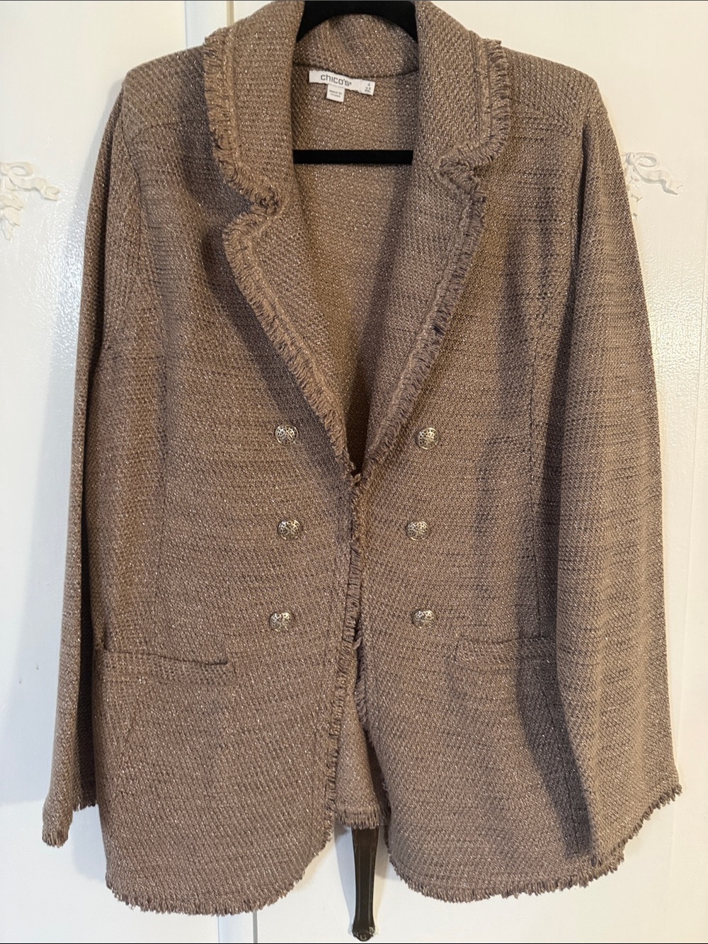 Chico's Taupe Frayed-Trim Faux Double-Breasted Knit Blazer. Silver Metallic